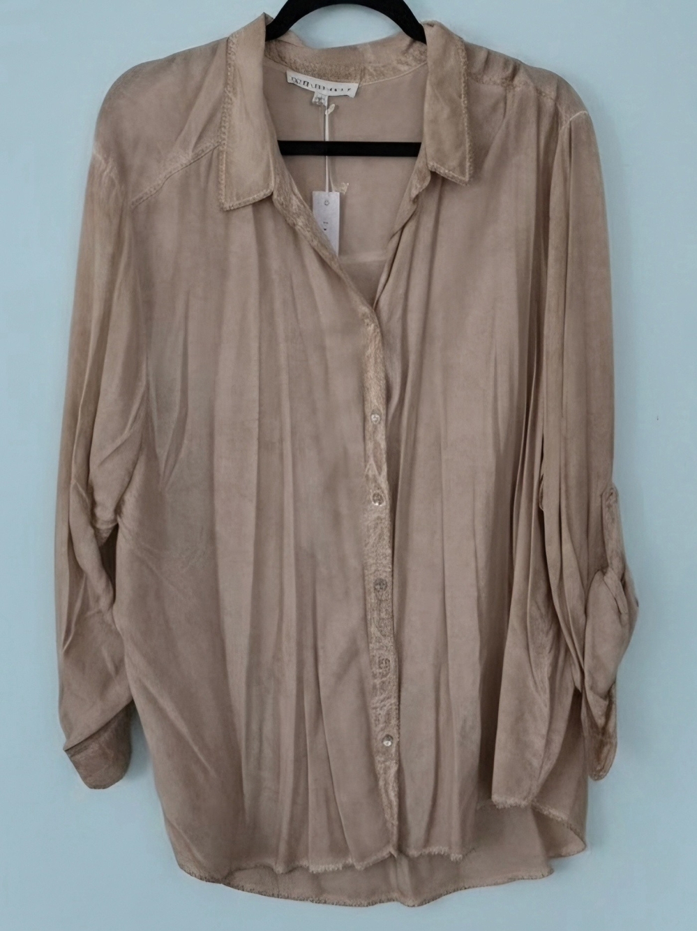 Jane and Delancey Taupe Button-Down Silk-Like Blouse